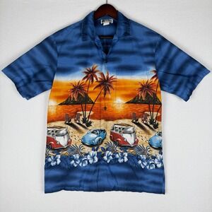 Vtg‎ Aloha Republic Hawaiian Shirt Mens M Palm Tree Sunset VW Bug Camp Collar